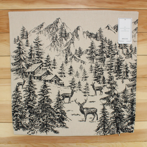 H&M Home Printed Pillow Cover 20x20 Winter Cabin Toile Deer Mountain Ski Snow - Picture 2 of 12